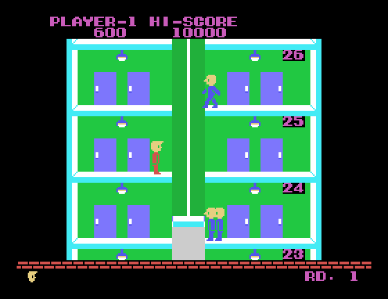 Elevator Action Sega SG-1000 Screenshot: Waiting for an elevator as bad guys appear!