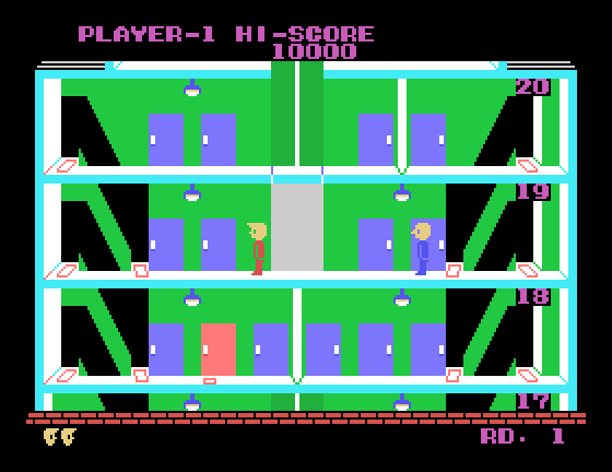Elevator Action Sega SG-1000 Screenshot: Visit the red doors to find information...