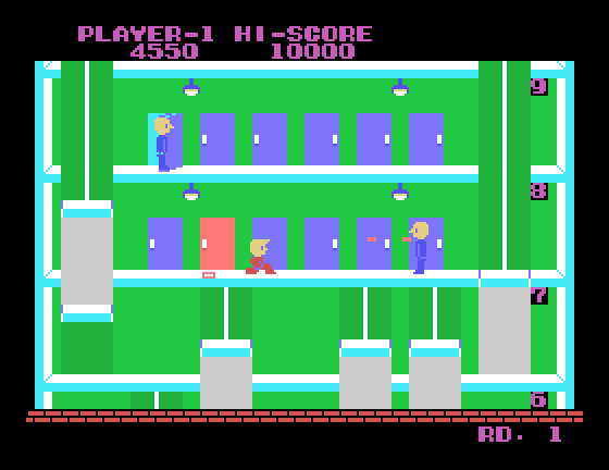 Elevator Action Sega SG-1000 Screenshot: You can duck under or jump over enemy fire...