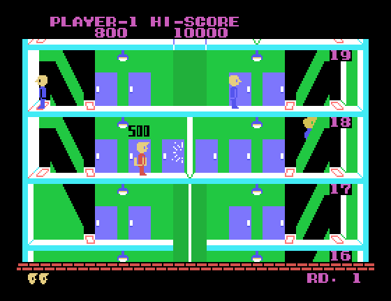 Elevator Action Sega SG-1000 Screenshot: 500 points for locating intel!