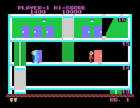 Elevator Action Sega SG-1000 Screenshot: Oof, I've been hit!