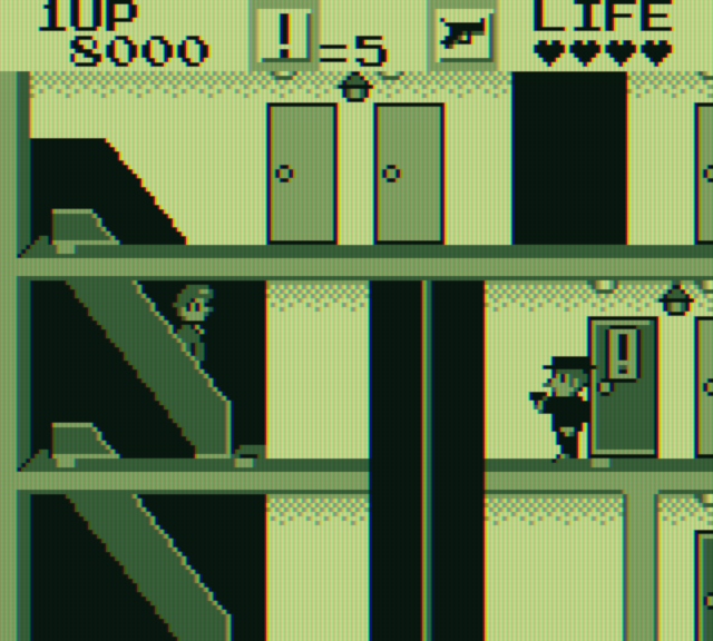 Elevator Action Game Boy Screenshot: Riding an escalator down to the next floor...