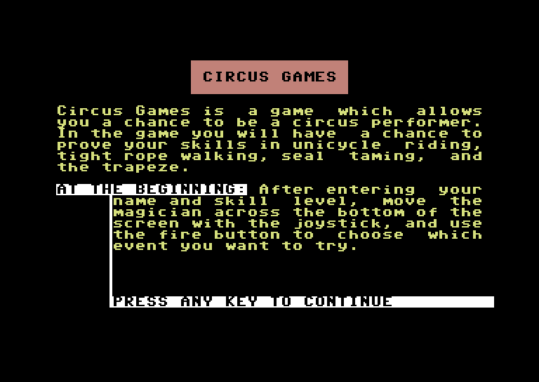 Circus Games Commodore 64 Screenshot: Game instructions start.