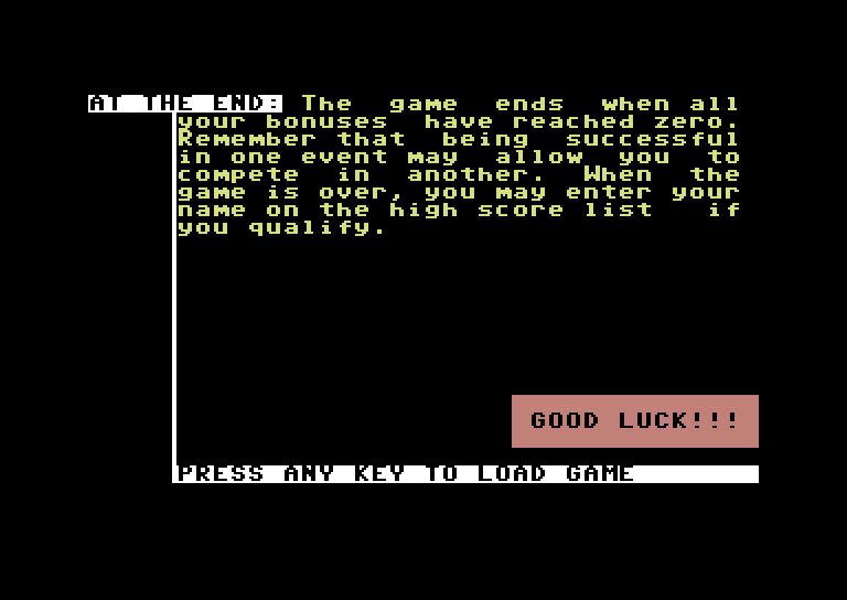 Circus Games Commodore 64 Screenshot: The final page of the game instructions.