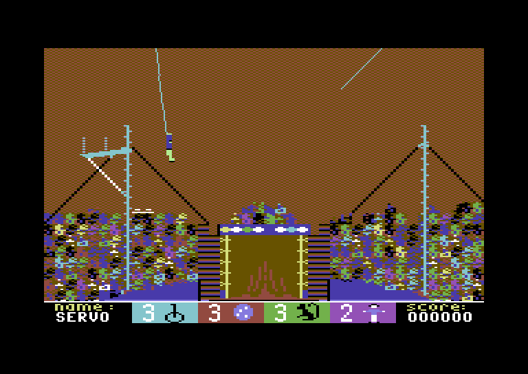 Circus Games Commodore 64 Screenshot: Swinging on a rope...