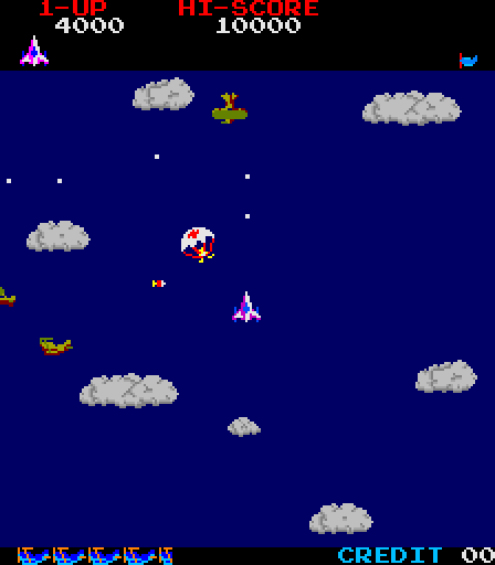 Time Pilot Arcade Screenshot: Earn bonus points by running into parachutes.