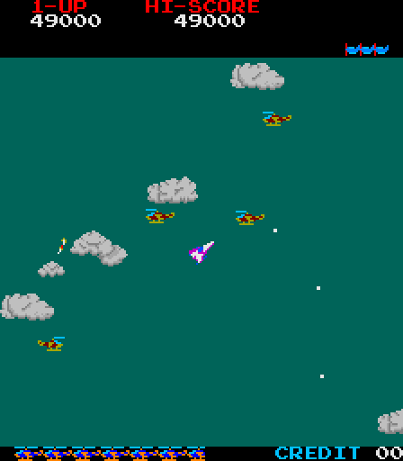 Time Pilot Arcade Screenshot: Helicopters cause trouble now...
