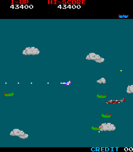 Time Pilot Arcade Screenshot: The second stage end of level boss arrives...