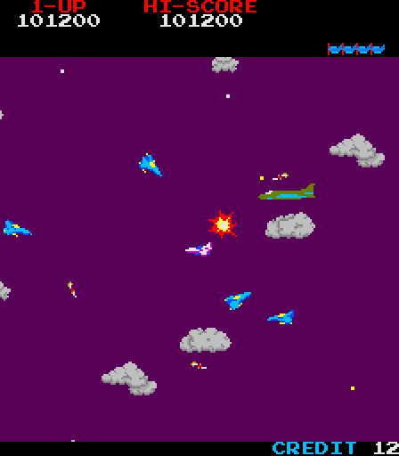 Time Pilot Arcade Screenshot: Stage 4 end of level boss arrives...