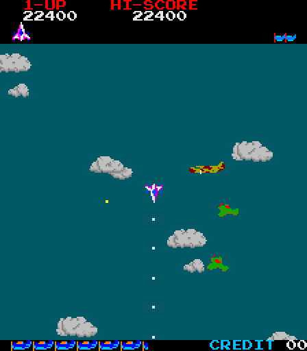 Time Pilot Arcade Screenshot: Some planes take several shots to destroy on this stage.