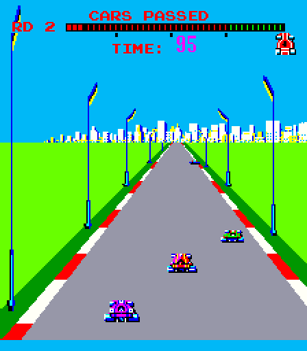 Turbo Arcade Screenshot: Don't crash into the light posts on the side of the road...