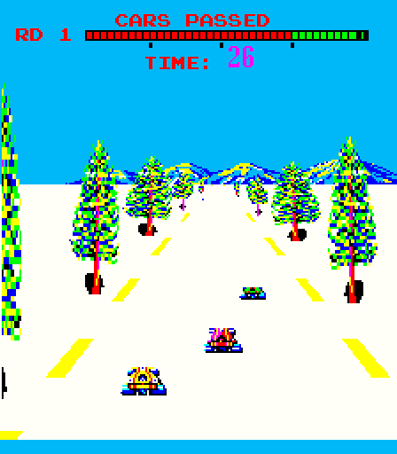 Turbo Arcade Screenshot: This section of road is icy.