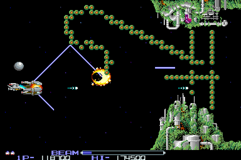 R-Type Arcade Screenshot: Blast these barriers before you crash into them...