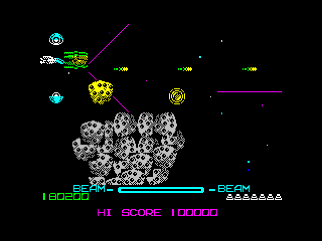 R-Type ZX Spectrum Screenshot: This enemy is cover with rocks that need to be destroyed first...