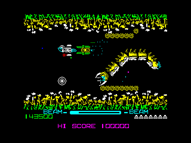 R-Type ZX Spectrum Screenshot: Giant snake-like mechanical creatures appear...