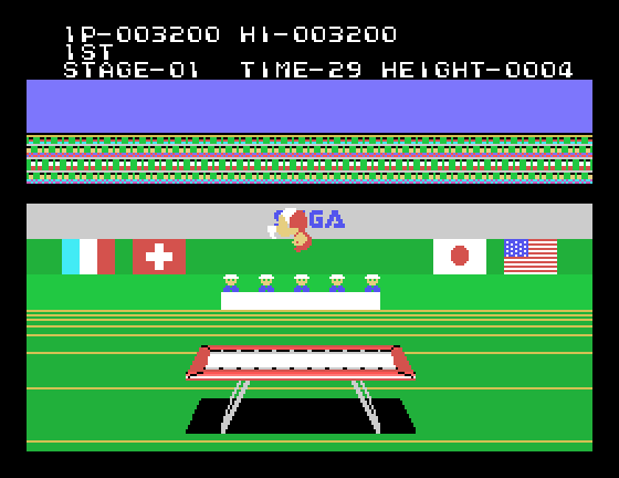 Hyper Sports Sega SG-1000 Screenshot: Game demo; jumping on the trampoline.
