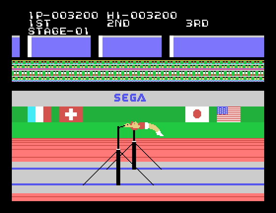 Hyper Sports Sega SG-1000 Screenshot: Game demo; swinging on the bars.