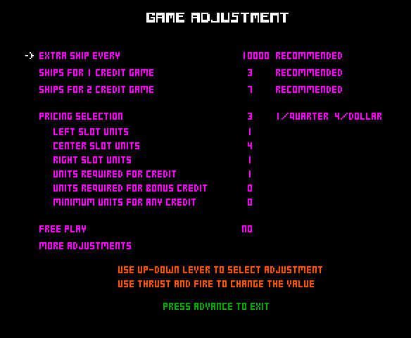 Stargate Arcade Screenshot: Game diagnostic mode; game settings can also be adjusted here.