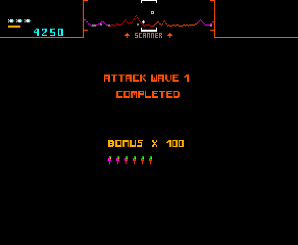 Stargate Arcade Screenshot: Attack wave 1 completed!
