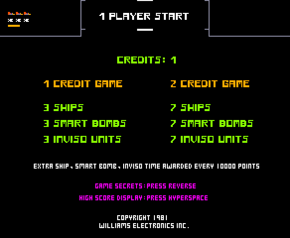 Stargate Arcade Screenshot: I credit inserted; select game options...