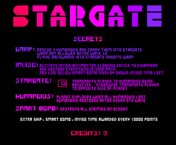 Stargate Arcade Screenshot: Attract mode; Some of the game secrets.
