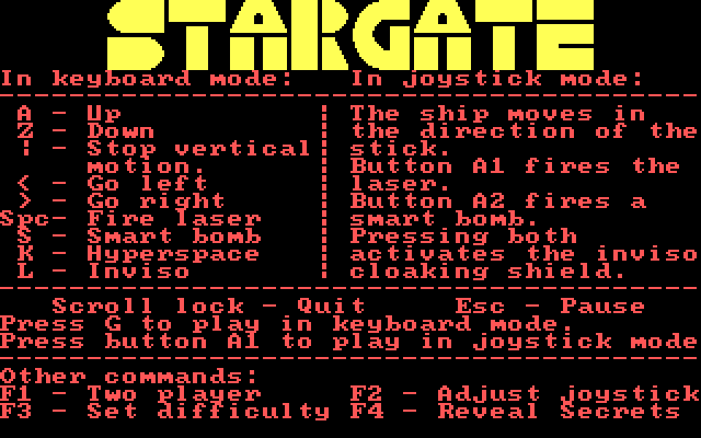 Stargate IBM PC/Compatibles Screenshot: Menu and game options.