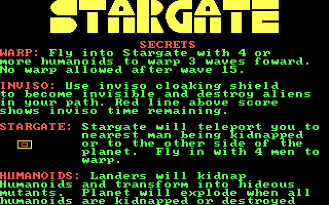 Stargate IBM PC/Compatibles Screenshot: Some secret tips!