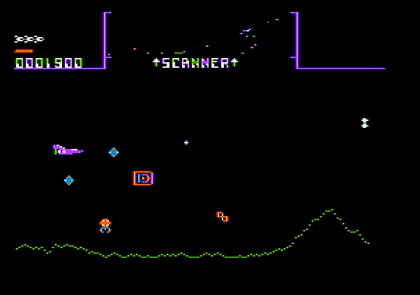 Stargate Apple II Screenshot: That square will transport you to another part of the playfield.