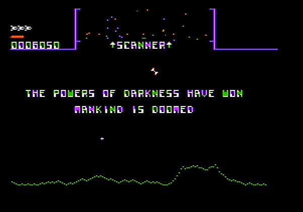 Stargate Apple II Screenshot: Game over.