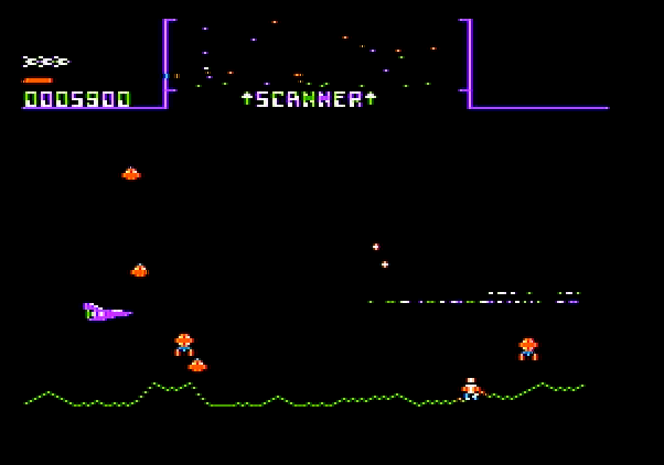 Stargate Apple II Screenshot: Enemies become more aggressive and more numerous as the game progresses.