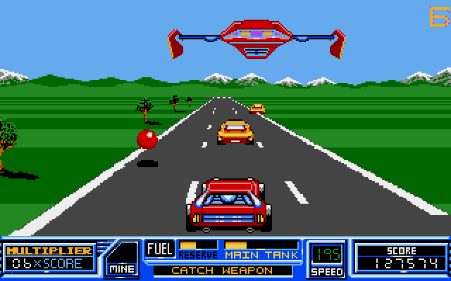 RoadBlasters Amiga Screenshot: Red orbs provide even more bonus fuel than green ones.