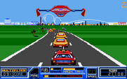 RoadBlasters for Amiga - That flying vehicle drops weapons upgrades...