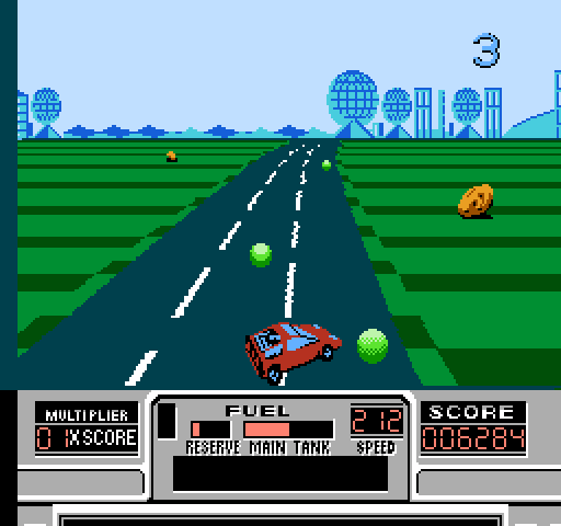 RoadBlasters NES / Famicom Screenshot: Collect the green globes for extra fuel.