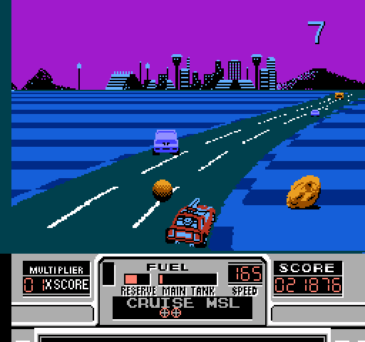 RoadBlasters NES / Famicom Screenshot: The gold colored globes provide more fuel than the green ones do.