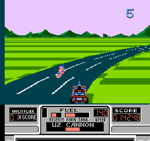 RoadBlasters NES / Famicom Screenshot: A sharp turn...don't crash into that motorcycle!