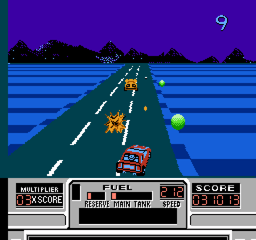 RoadBlasters NES / Famicom Screenshot: Sometimes fuel globes appear on the side of the road, which is tricky!