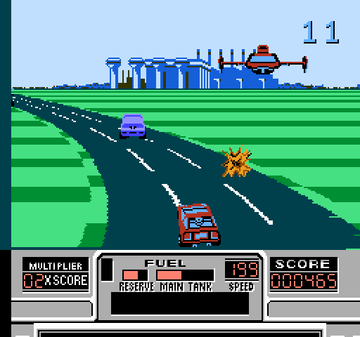 RoadBlasters NES / Famicom Screenshot: The blue colored cars have more shielding and can't be destroyed by normal weapons.