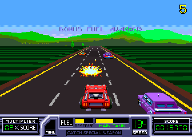 RoadBlasters Arcade Screenshot: Blasting enemy cars...