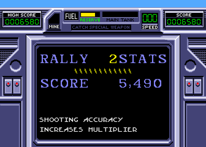 RoadBlasters Arcade Screenshot: Shooting accuracy increases multiplier.