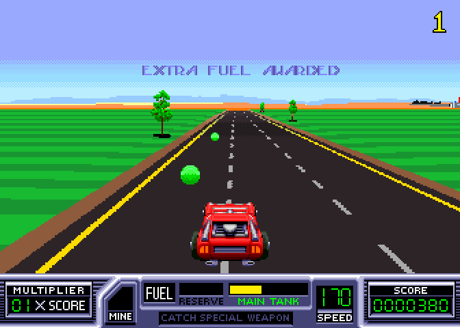 RoadBlasters Arcade Screenshot: Collect the green orbs for a small amount of extra fuel!