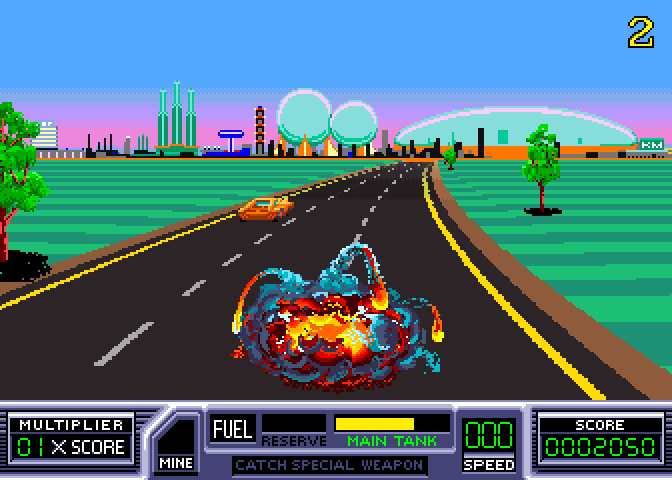 RoadBlasters Arcade Screenshot: Oops, I crashed into another car!