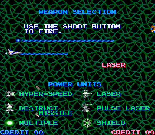 Life Force Arcade Screenshot: The games attract mode demonstrates some of the weapons you can acquire.
