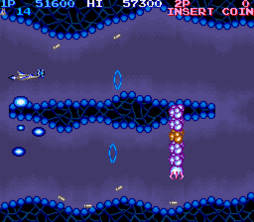 Life Force Arcade Screenshot: The path often splits; don't crash into the walls when it does!