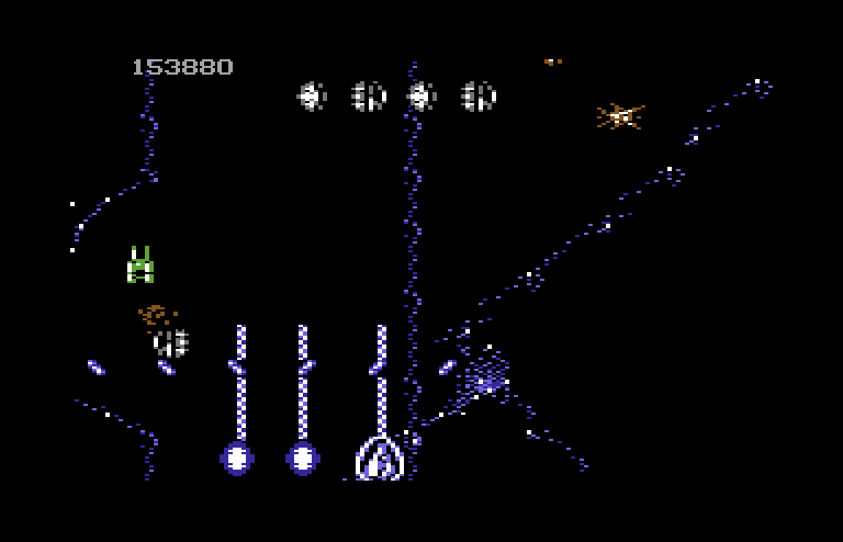 Life Force Commodore 64 Screenshot: Collect the green power up for more speed...