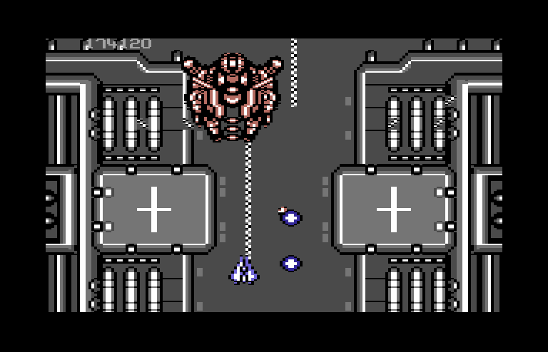 Life Force Commodore 64 Screenshot: A mid level mini-boss; you'll need to fight three of these.