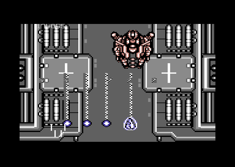 Life Force Commodore 64 Screenshot: A mid level mini-boss; you'll need to fight three of these.