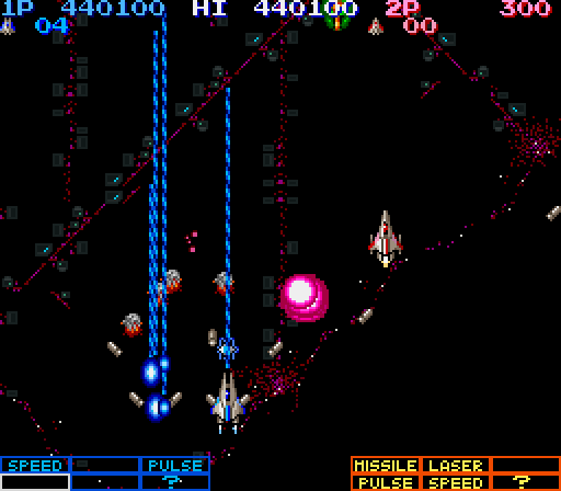 Life Force Arcade Screenshot: Avoid the flares that randomly pop up here...