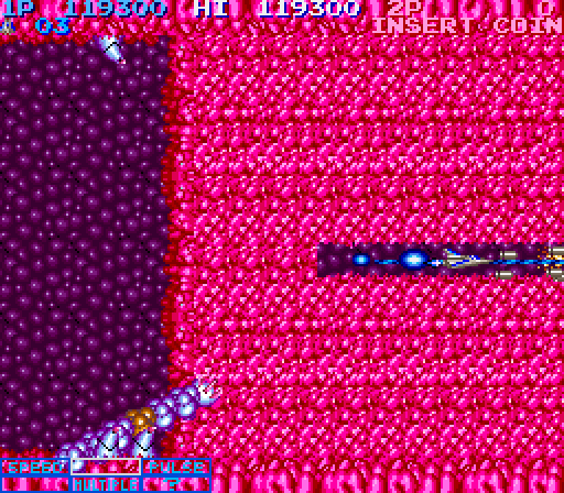 Life Force Arcade Screenshot: Fire rapidly to clear a path!