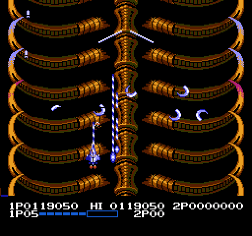 Life Force NES / Famicom Screenshot: Flying up an alien rib cage...
