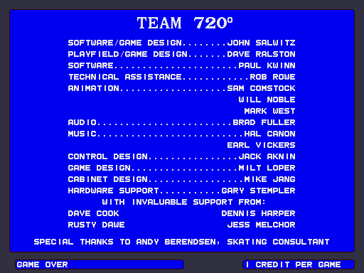 720º Arcade Screenshot: Game credits screen.
